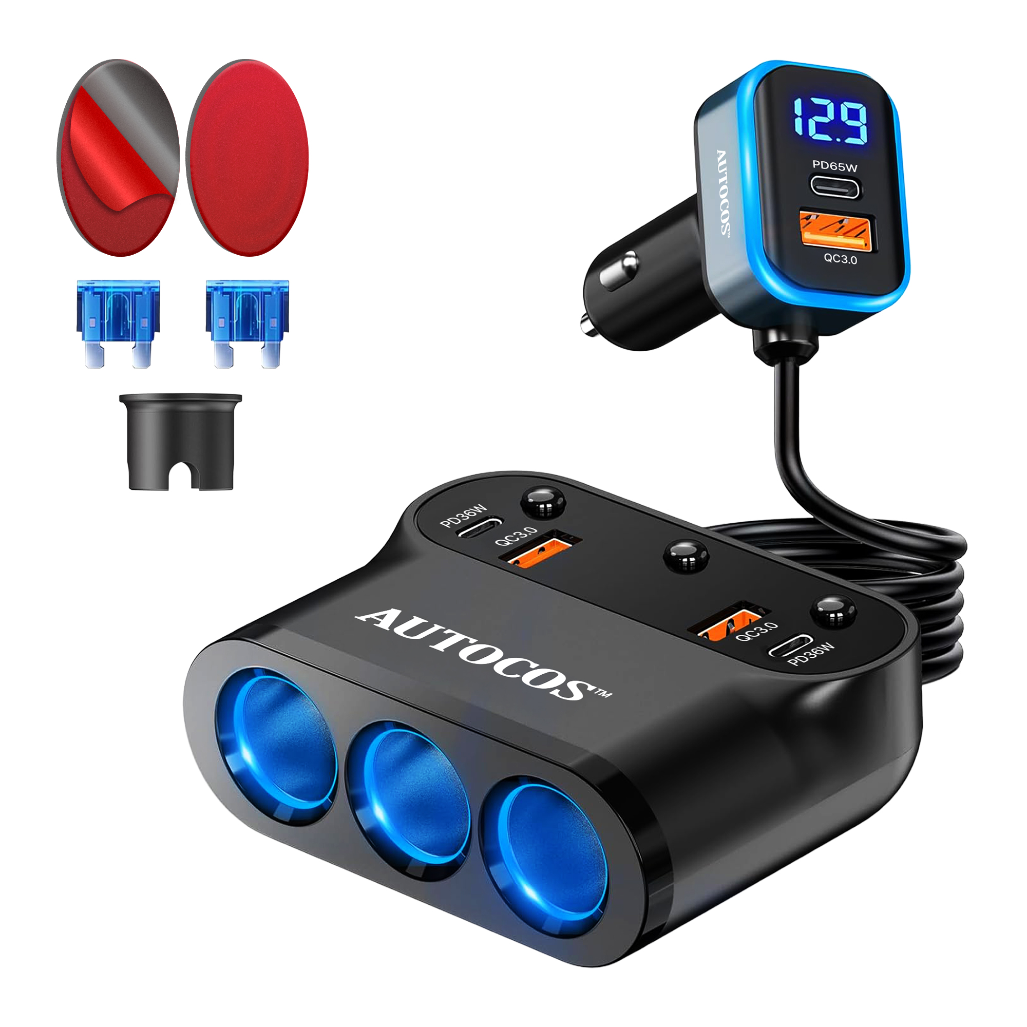 오토코스 차량용 고속 충전기 360W 대용량 멀티 소켓 PD65W 시거잭 ATS-109 - 상품 이미지