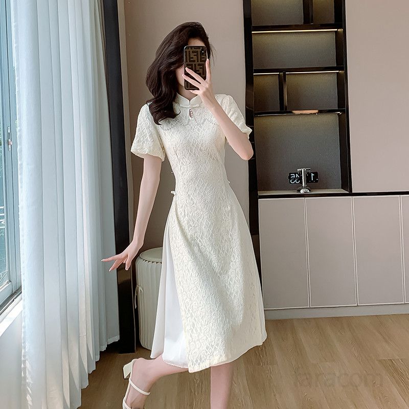 여성용 여름 레이스 미디 원피스 진주 디테일 가짜 투피스 스타일 복고풍 드레스 중장기장 우아한 디자인 데일리룩 신상 패션 - 상품 이미지