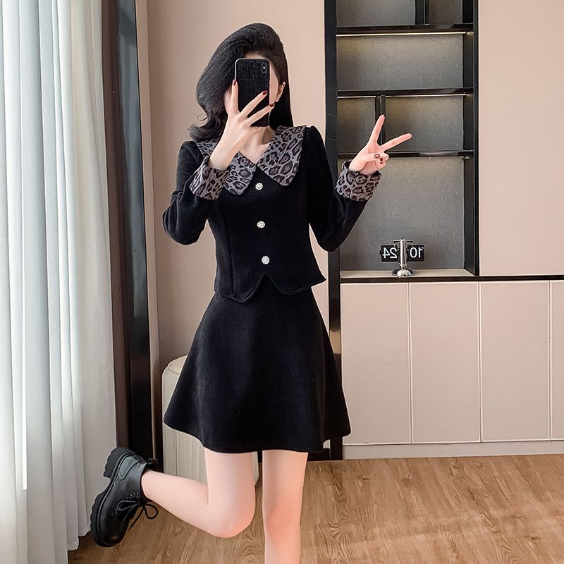 여성 레오파드 프린트 스플라이싱 A라인 숏 스커트 투피스 세트 봄 패션 트렌디한 스타일 캐주얼 오피스룩 데일리 착용감 편안한 외출용 - 상세 이미지 4