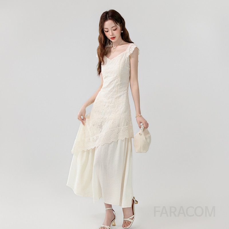 레이스 자수 롱 드레스 우아한 여름 여성원피스 프렌치 V넥 시원한 착용감 여행 휴양지 스타일 바캉스룩 데일리 패션 - 상세 이미지 3