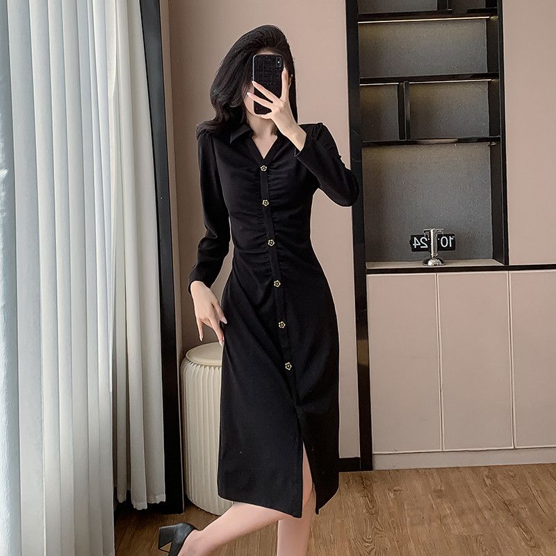 여성 V넥 플리츠 미디 드레스 봄 신상 심플 세련된 스타일 중장기장 슬림한 힙라인 기질적인 여성용 원피스 - 상품 이미지