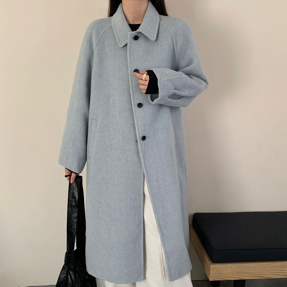 여성 핸드메이드 울100 블루 루즈핏 롱코트 겨울 간절기 모던 아우터