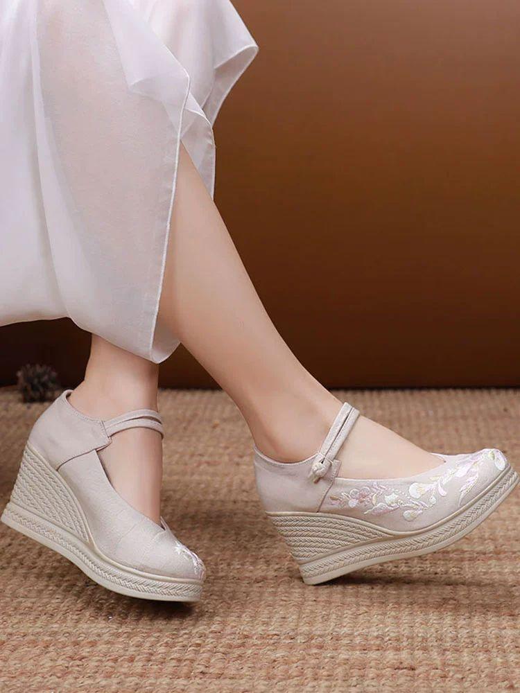 신발 통굽 전통 자수화 의상구두 여성용 웨지 편한 구두 슈즈 웨지힐 베이지화이트8816 8cm 큰 사이즈 39 - 상세 이미지 3