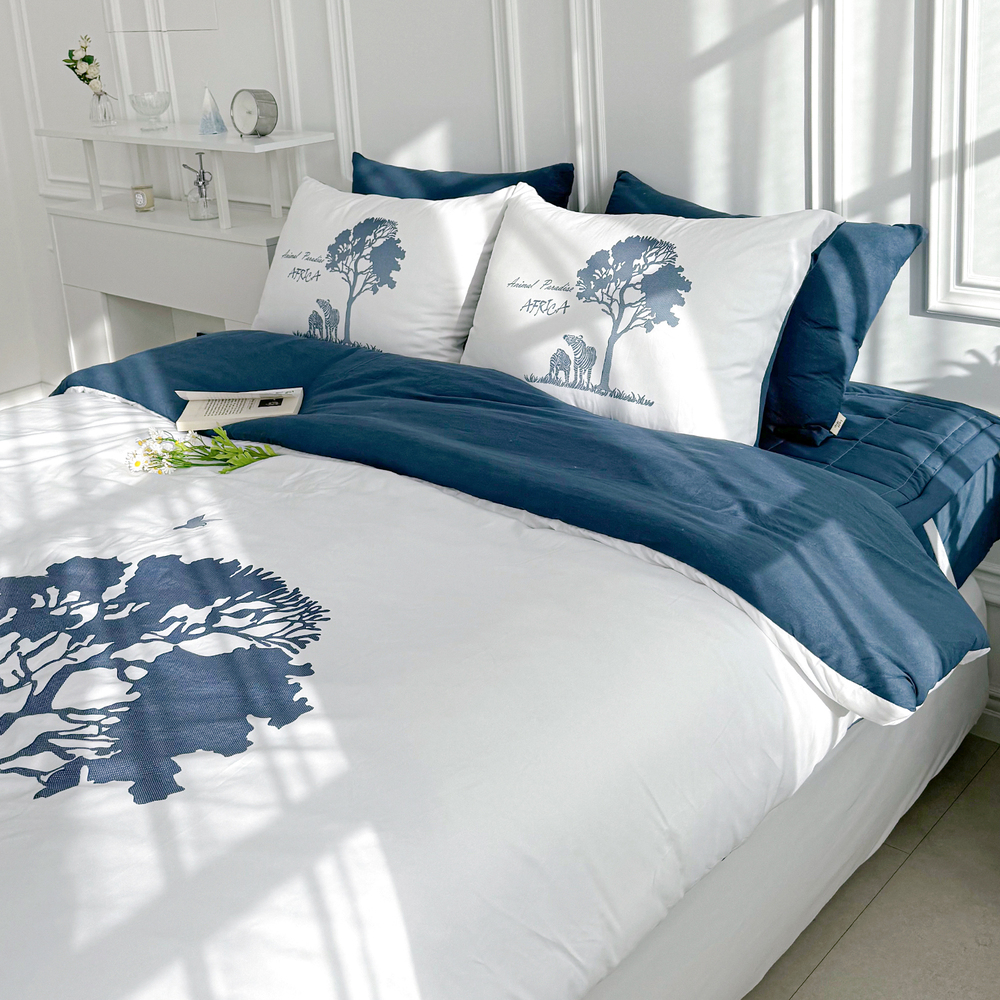 루시드슬립 사바나 애니멀 프린트 옥수수솜 무봉제 차렵이불 세트 나이트블루, SS패드세트(이불+베개커버+침대패드)