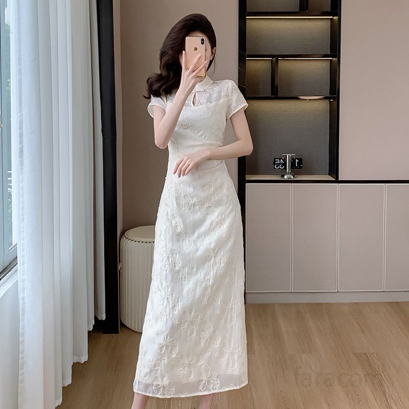 여성 여름 롱드레스 살구색 슬림핏 자수 원피스 레트로 스타일 데일리 시원한 착용감 외출룩 휴양지 바캉스룩 - 상세 이미지 5