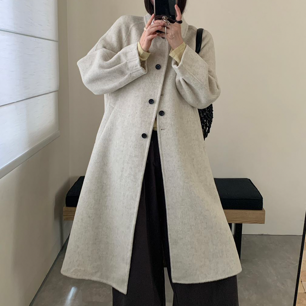 여성 핸드메이드 울100 블루 루즈핏 롱코트 겨울 간절기 모던 아우터