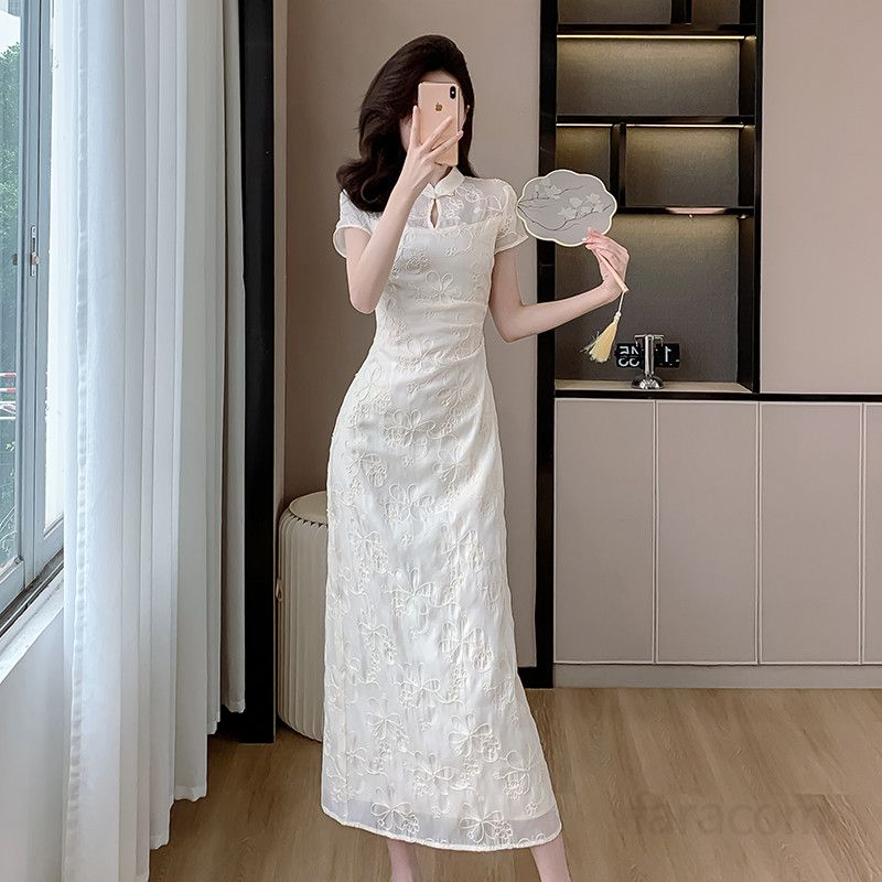 여성 여름 롱드레스 살구색 슬림핏 자수 원피스 레트로 스타일 데일리 시원한 착용감 외출룩 휴양지 바캉스룩 - 상세 이미지 2