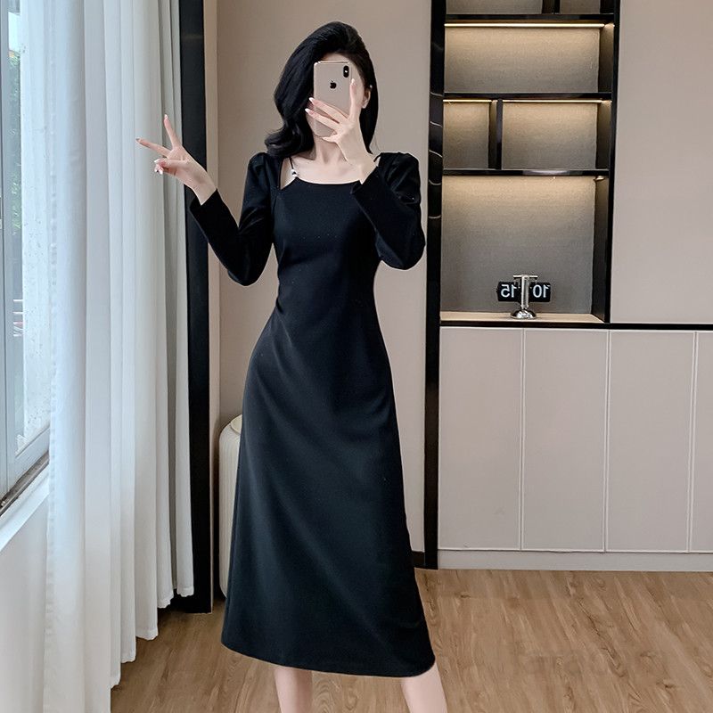 여성 슬림 미디 원피스 봄 신상 프렌치 스퀘어 칼라 스타일 탄력 있는 실루엣 중장기장 드레스 빛나는 힙 감싸는 디자인 데일리룩 복고풍 패션 - 상세 이미지 3