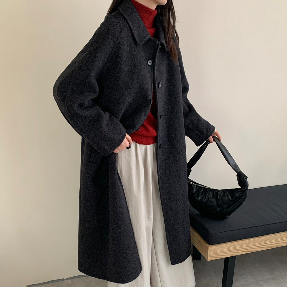 여성 핸드메이드 울100 블루 루즈핏 롱코트 겨울 간절기 모던 아우터