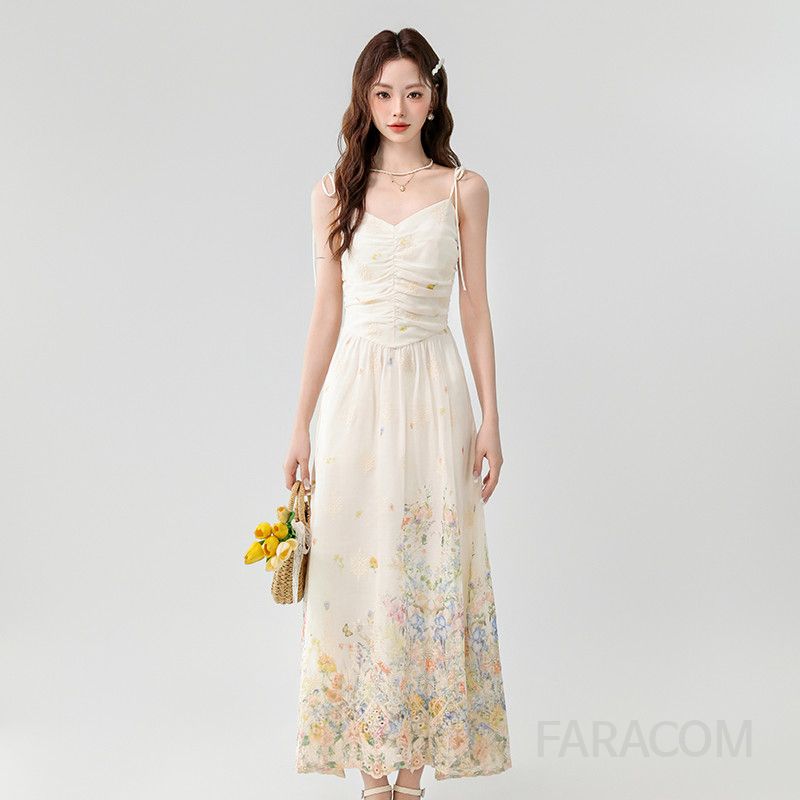 여성 여름 롱원피스 V넥 슬림핏 자수 프린트 서스펜더 드레스 로맨틱 스타일 데일리룩 바캉스룩 휴양지룩 시원한 착용감 - 상세 이미지 2