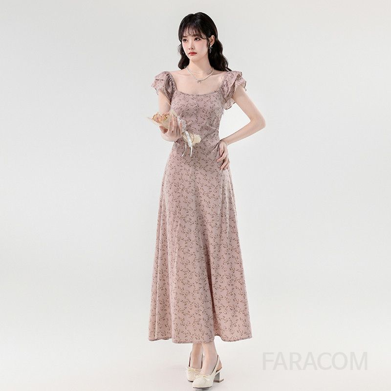 여름 스퀘어넥 드로스트링 롱원피스 우아한 플로럴 레이스업 디자인 휴양지룩 바캉스룩 여성용 스타일리시한 착용감 부드러운 소재 매력적인 데일리 드레스 - 상세 이미지 5