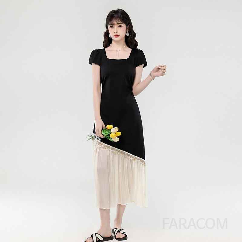 여성 여름 롱원피스 스퀘어 네크라인 슬림핏 메쉬 밑단 불규칙 디자인 시원한 착용감 데일리 드레스 스타일리시한 외출용 패션 아이템 - 상품 이미지