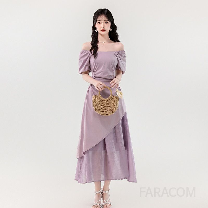 여성 스퀘어넥 롱원피스 여름 플리츠 슬림 드레스 불규칙 디자인 페이크 투피스 스타일 시원한 착용감 데일리 룩 모던한 외출용 - 상품 이미지