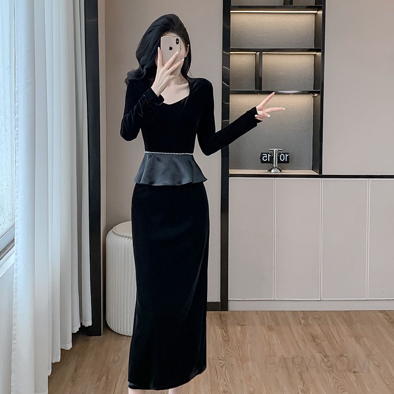 벨벳 슬림 긴팔 드레스 여성용 파티 촬영용 러플 스퀘어 칼라 엘레강스 스타일 결혼식 피로연 연주복 고급스러운 디자인 - 상세 이미지 3