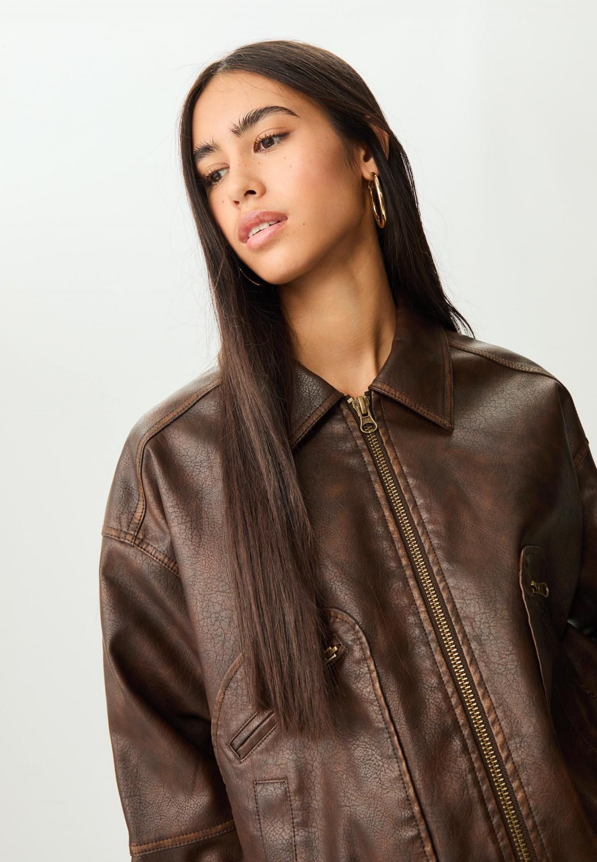 스트라디바리우스 빈티지 레더 이펙트 집업 포켓 재킷 8479/740 BROWN - 상세 이미지 5