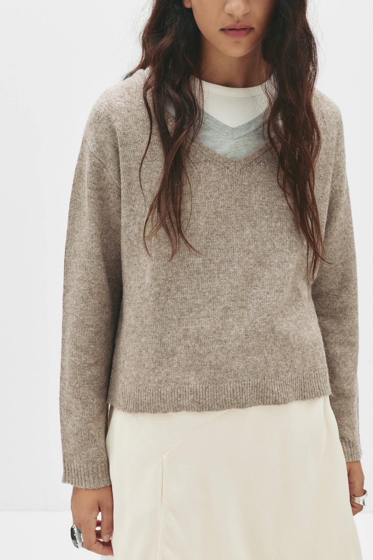 풀앤베어 오버사이즈 브이넥 파인 니트 스웨터 7550/326 BROWN MARL - 상세 이미지 4