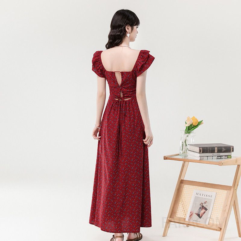 여름 스퀘어넥 드로스트링 롱원피스 우아한 플로럴 레이스업 디자인 휴양지룩 바캉스룩 여성용 스타일리시한 착용감 부드러운 소재 매력적인 데일리 드레스 - 상세 이미지 3