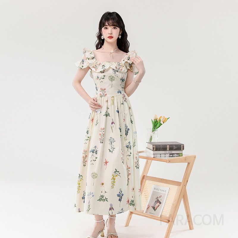 여성 여름 플로럴 롱원피스 스퀘어넥 연꽃잎 소매 슬림핏 바캉스룩 휴양지룩 시원한 착용감 데일리 스타일링 가능한 쉬폰 드레스 - 상세 이미지 2