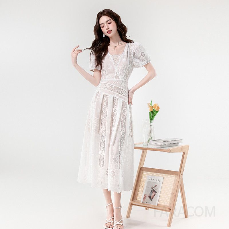 레이스 자수 롱드레스 슬림핏 여성 여름원피스 우아한 디자인 바캉스룩 휴양지룩 시원한 착용감 데일리 스타일 - 상세 이미지 3