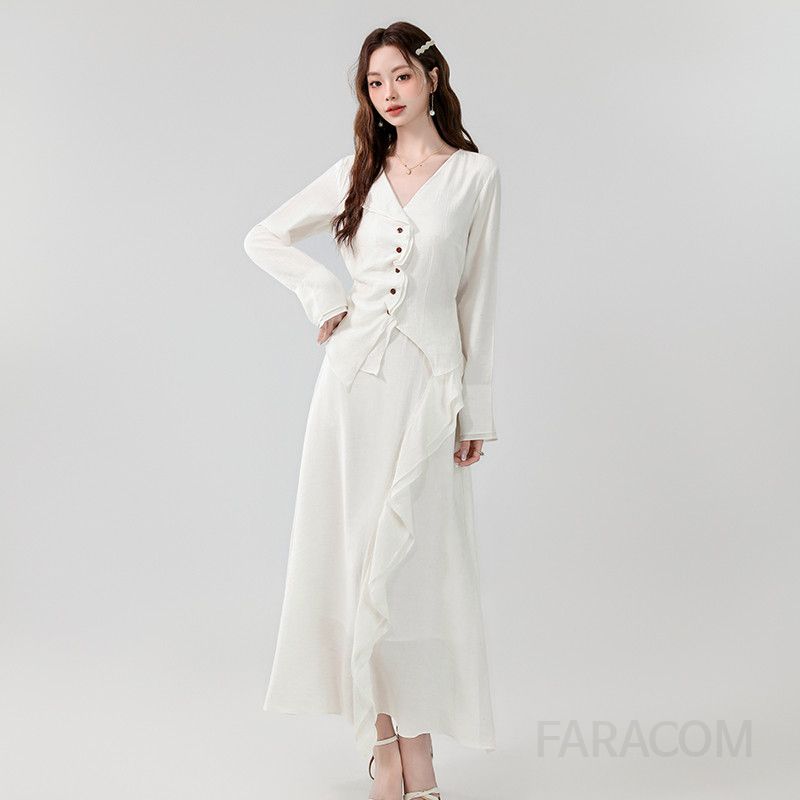 가을 슬림 롱 투피스 원피스 세련된 V넥 러플 디자인 여성 정장 스타일 하객룩 데일리룩 오피스룩 추천