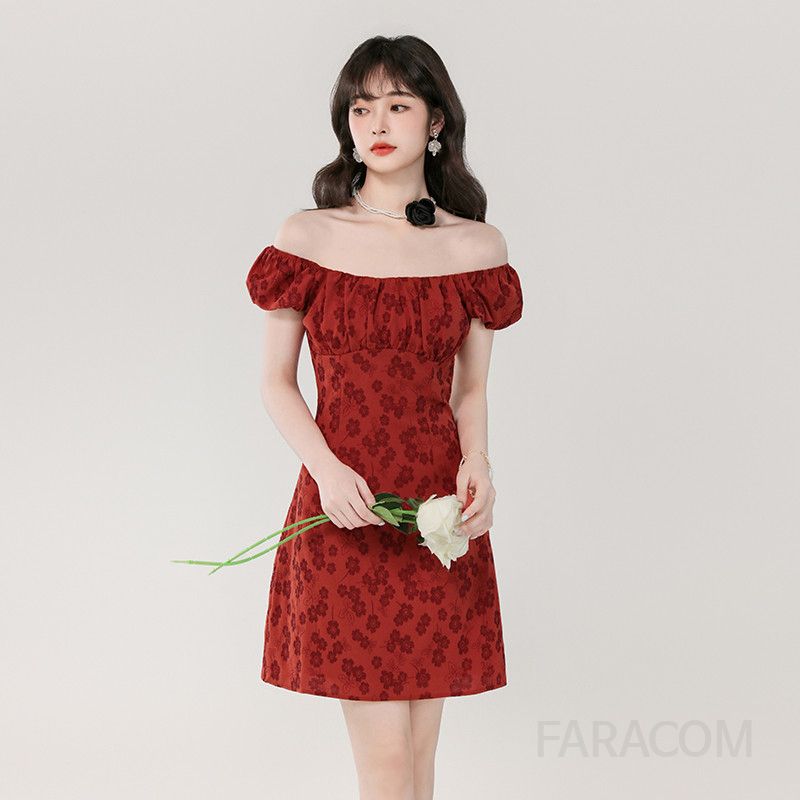 레드 플라워 퍼프 슬리브 미니 A라인 드레스 여름 파티룩 슬림핏 스퀘어넥 스타일 여성스러운 디자인 데일리 착용감 좋고 시원한 분위기 연출 - 상세 이미지 4
