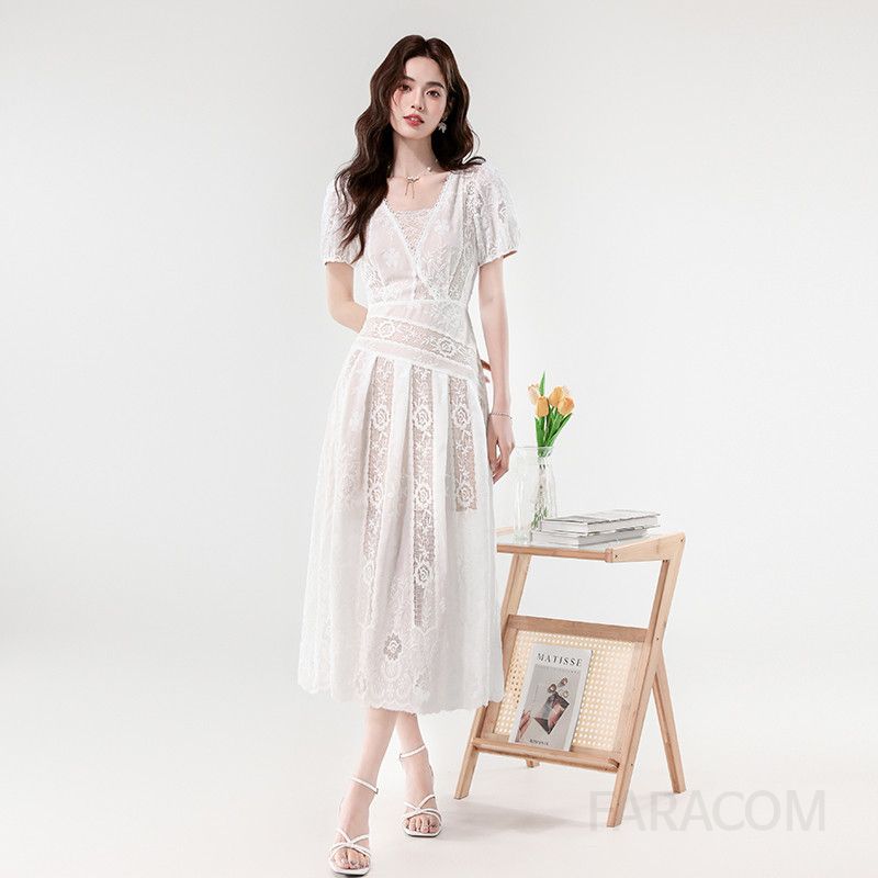 레이스 자수 롱드레스 슬림핏 여성 여름원피스 우아한 디자인 바캉스룩 휴양지룩 시원한 착용감 데일리 스타일 - 상세 이미지 4