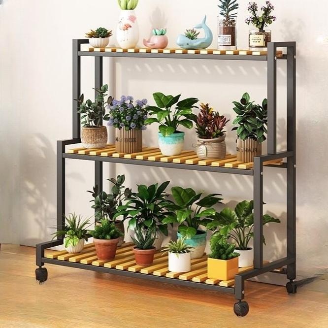철제화분선반 받침대 거치대 베란다 스탠드 화분대 3단 15관 블랙 80CM (바퀴) - 상품 이미지