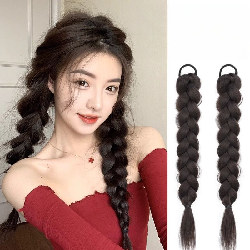 댕기 아이돌 가발 머리 양갈래 연예인 땋은 코스튬파티 한식 게으른 린넨 꽃 땋기 연브라운 - 상품 이미지