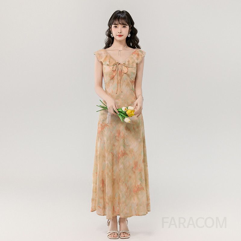 여성 여름 롱 드레스 우아한 주름 장식 플리츠 디자인 날리는 소매 시원한 착용감 바캉스룩 휴양지원피스 여성스러운 스타일링 - 상세 이미지 4