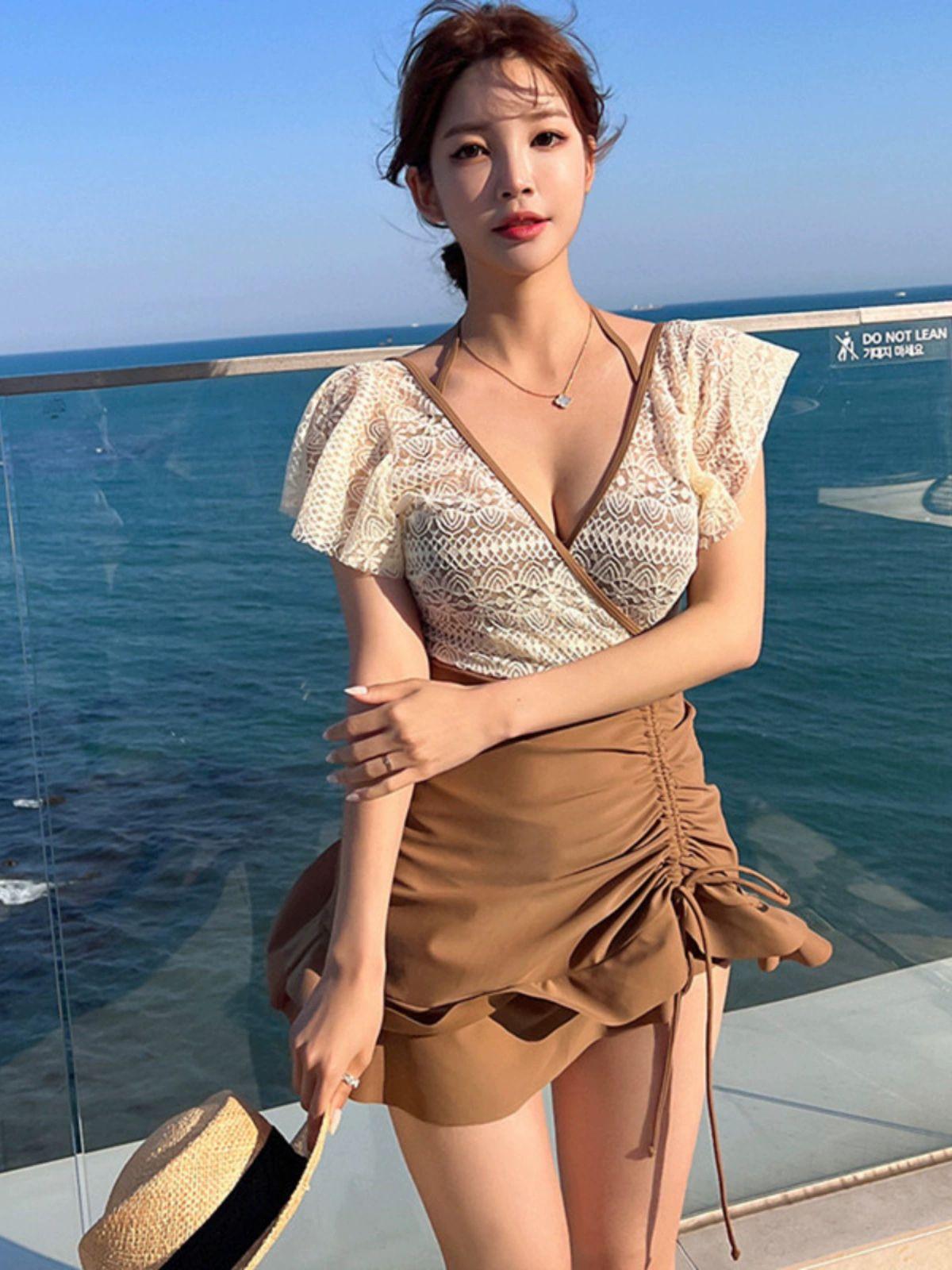 체형커버 원피스 수영복 강습용 휴양지 휴양복 여성휴가 휴가복 세련된 이쁜 데일리 브라운 M - 상세 이미지 2