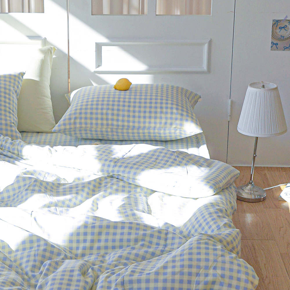 드림체크 먼지없는 사계절 옥수수솜 무봉제 차렵이불세트 블루 레몬, SS패드세트(이불+베개커버+침대패드)