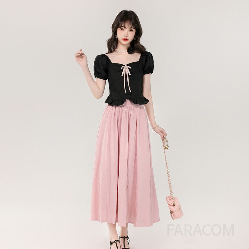 스퀘어 칼라 퍼프 소매 여성 투피스 세트 여름 정장 스타일 하객룩 원피스 리본 디테일 프린세스 감성 데일리룩 세련된 디자인 - 상세 이미지 2