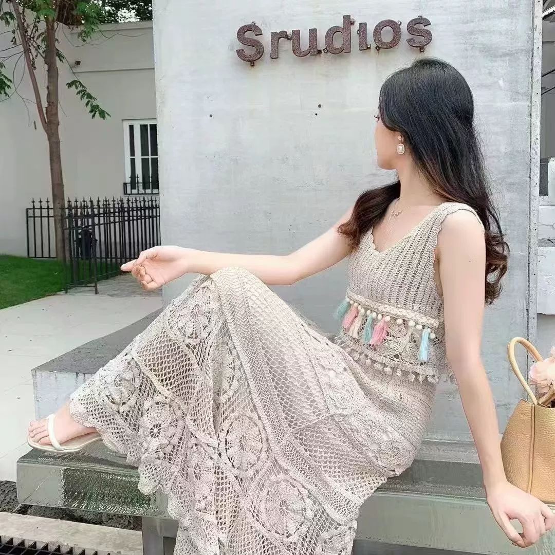 손뜨개 레이스 펀칭 원사이즈 사이즈 여름 코바늘 린넨 에어컨 상의 에스닉 뷔스티에 민소매 베이지화이트 내라이닝 포함-현장 발송 프리사이즈 추천 45.0-70.0kg - 상세 이미지 4