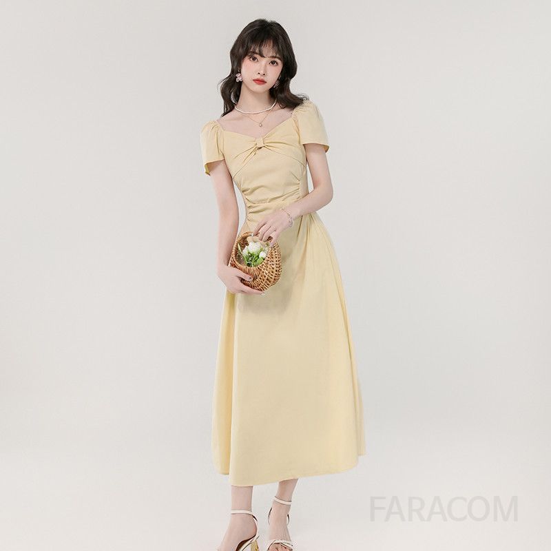 여성 여름 슬림 롱 드레스 V넥 리본 엘라스틱 허리 시원한 착용감 데일리룩 바캉스룩 활용 가능 스타일리시한 디자인 - 상품 이미지
