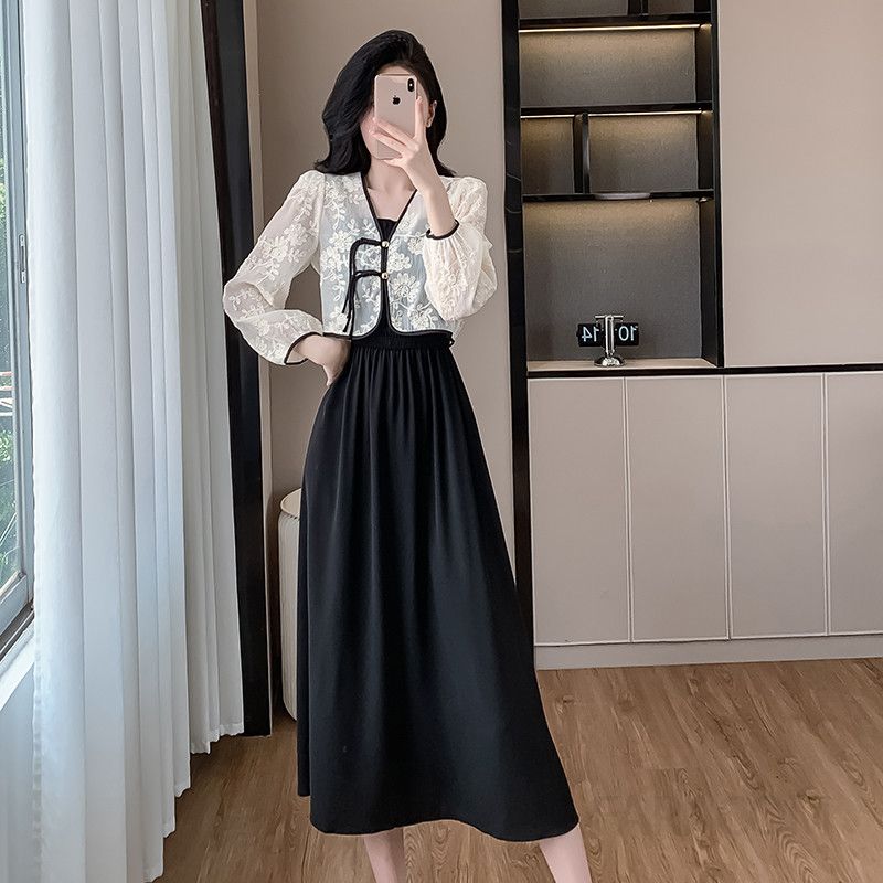 여성 슬림 롱 투피스 셋업 가을 여성정장세트 자수 디테일 하객룩 상견례 원피스 스타일링 촬영용 세련된 디자인 - 상세 이미지 3