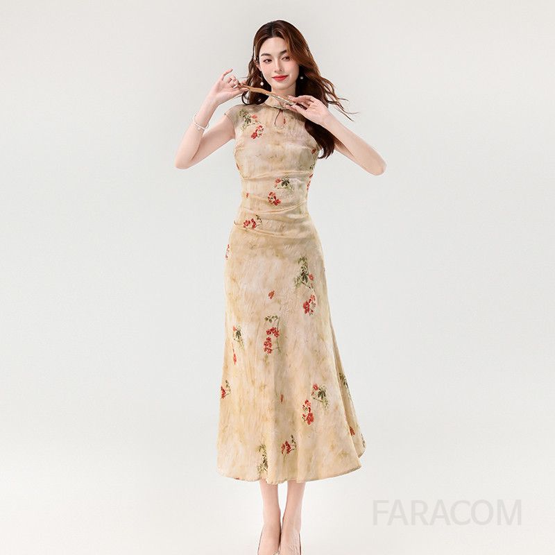 중국식 새틴 치파오 드레스 여름 신상 부드러운 질감 전통 패턴 원피스 셀프웨딩 신부 들러리 이브닝 파티용 럭셔리 스타일 - 상세 이미지 2