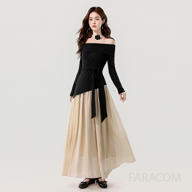가을 롱드레스 원숄더 불규칙 디자인 엘레강스 스타일 여성 롱원피스 심플한 콘트라스트 컬러로 모던한 매력 돋보이는 데일리룩