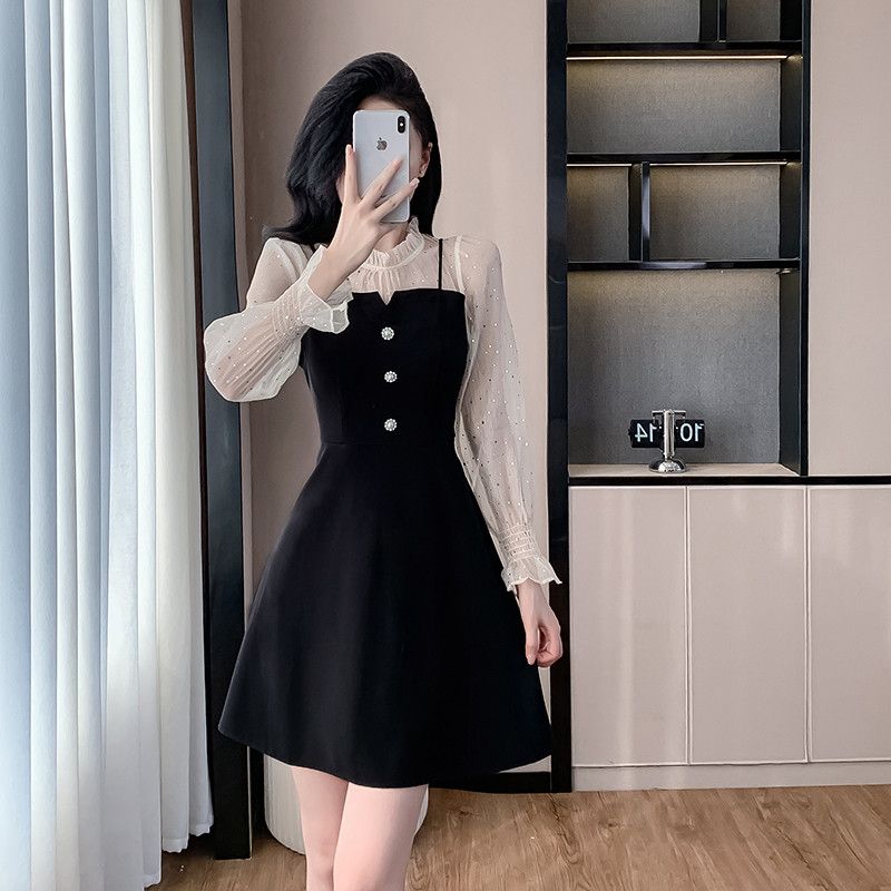 라운드넥 미니 스팽글 드레스 반짝이는 퍼프 슬리브 파티룩 A라인 스타일 페미닌한 매력적인 여성용 결혼식 피로연 연주회 복고풍드레스 - 상품 이미지