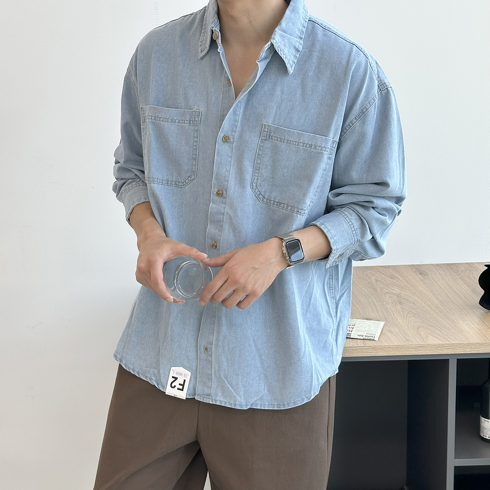 남자 청남방 오버핏 봄 가을 데님 커플 남방 남자 셔츠 - 상세 이미지 4