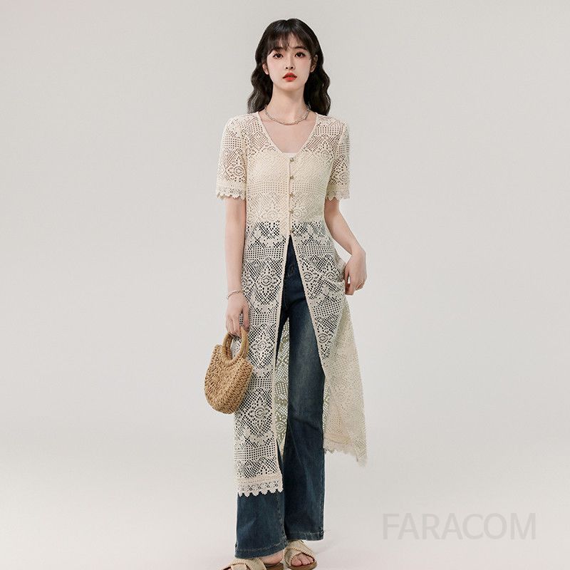 여성 니트 롱 가디건 여름 프렌치 홀로우 레이스 디자인 반팔 자켓 시원한 착용감 데일리 외출용 스타일리시한 모던 캐주얼룩