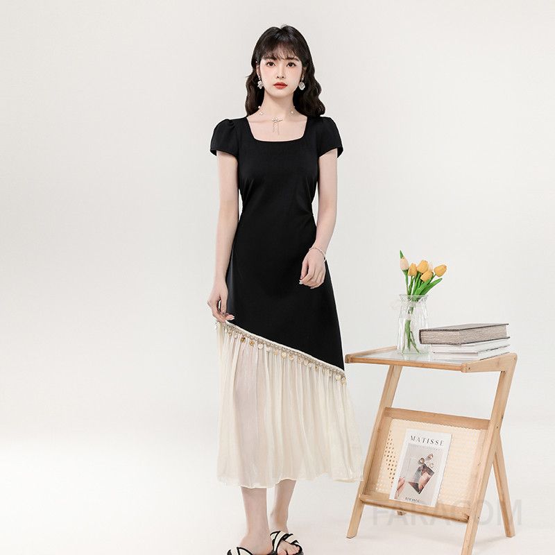 여성 여름 롱원피스 스퀘어 네크라인 슬림핏 메쉬 밑단 불규칙 디자인 시원한 착용감 데일리 드레스 스타일리시한 외출용 패션 아이템 - 상세 이미지 4