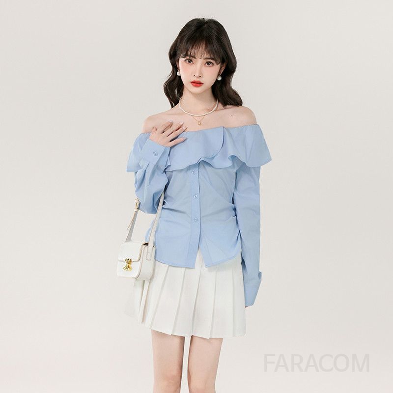 여성 러플 긴팔 블라우스 심플 디자인 여름용 시원한 착용감 데일리 캐주얼 스타일 라운드넥 셔츠 블라우스 - 상품 이미지
