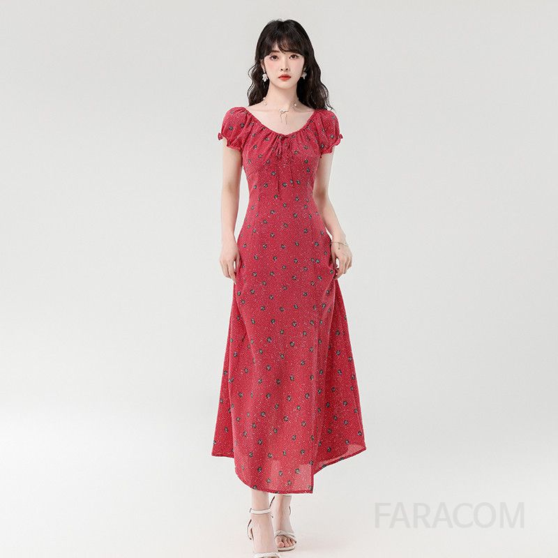 작은 꽃무늬 드로스트링 레이스업 슬림 롱원피스 여름 여성 드레스 우아한 스타일 바캉스룩 휴양지룩 데일리 외출용 매력적인 디자인 - 상품 이미지