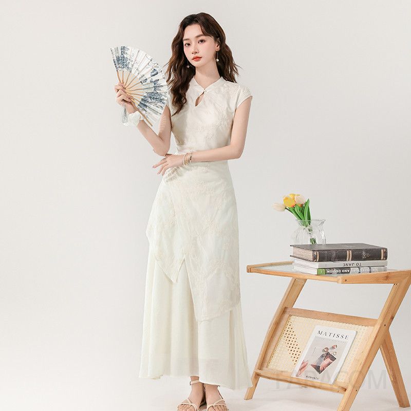 여성 여름 롱원피스 우아한 자수 허리 슬림핏 가짜 투피스 드레스 매력적인 스타일 데일리룩 편안한 착용감 특별한 날을 위한 트렌디한 디자인