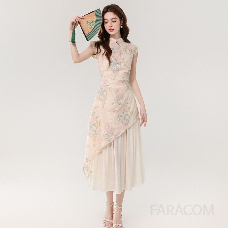 여름 롱원피스 여성 프린트 자수 드레스 부드러운 우아한 디자인 바캉스룩 시원한 착용감 데일리룩 휴양지원피스 - 상품 이미지