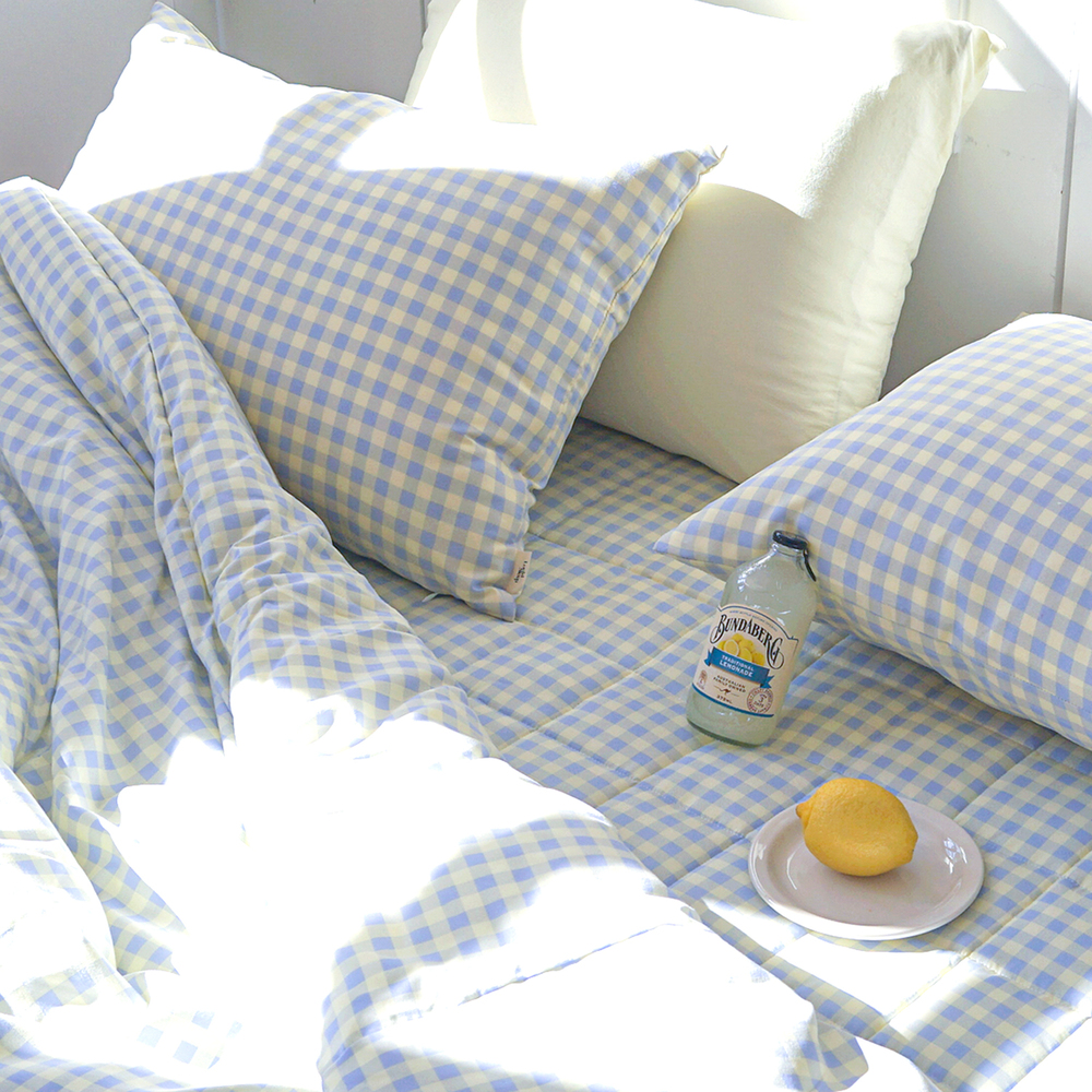 드림체크 먼지없는 사계절 옥수수솜 무봉제 차렵이불세트 블루 레몬, SS패드세트(이불+베개커버+침대패드)