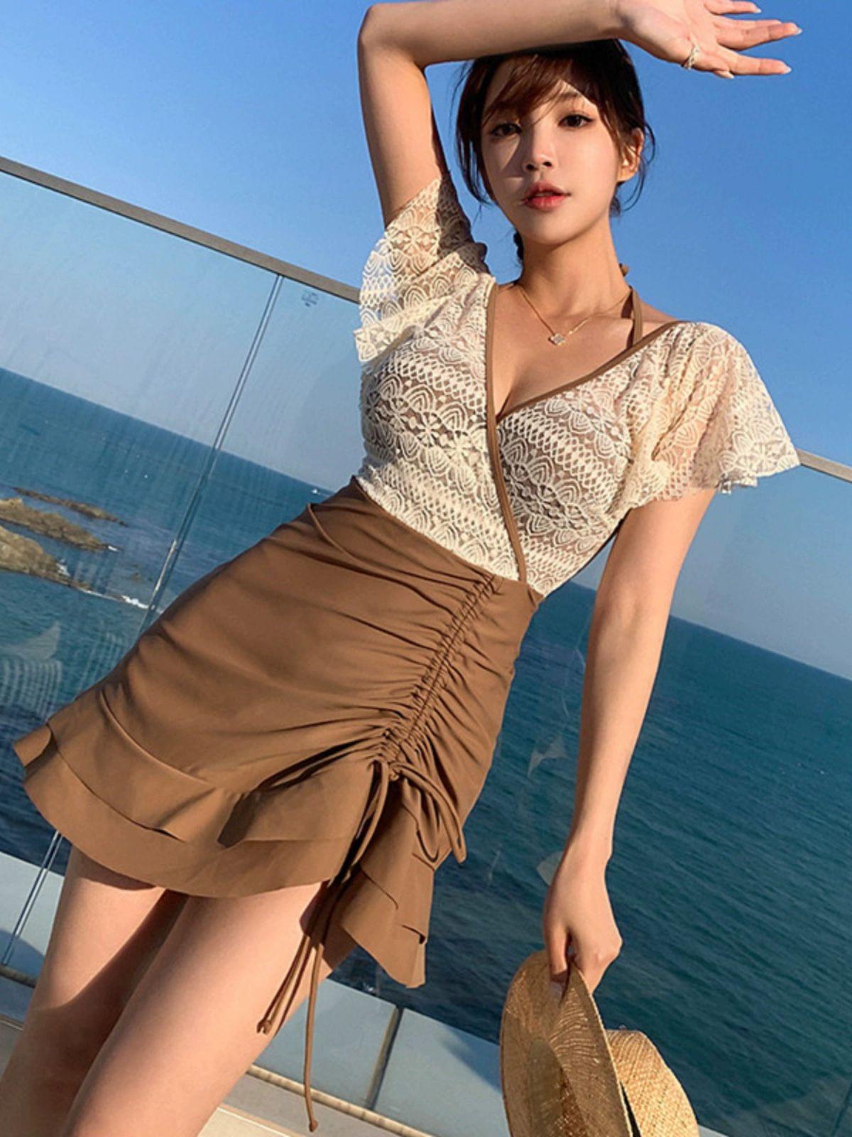 체형커버 원피스 수영복 강습용 휴양지 휴양복 여성휴가 휴가복 세련된 이쁜 데일리 브라운 M - 상세 이미지 5