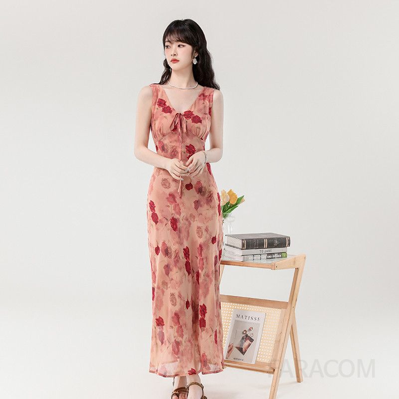 여성 여름 롱 드레스 로맨틱 레트로 플라워 V넥 바이어스 컷 스타일 바캉스룩 시원한 착용감 실물 촬영 여행용 - 상세 이미지 4