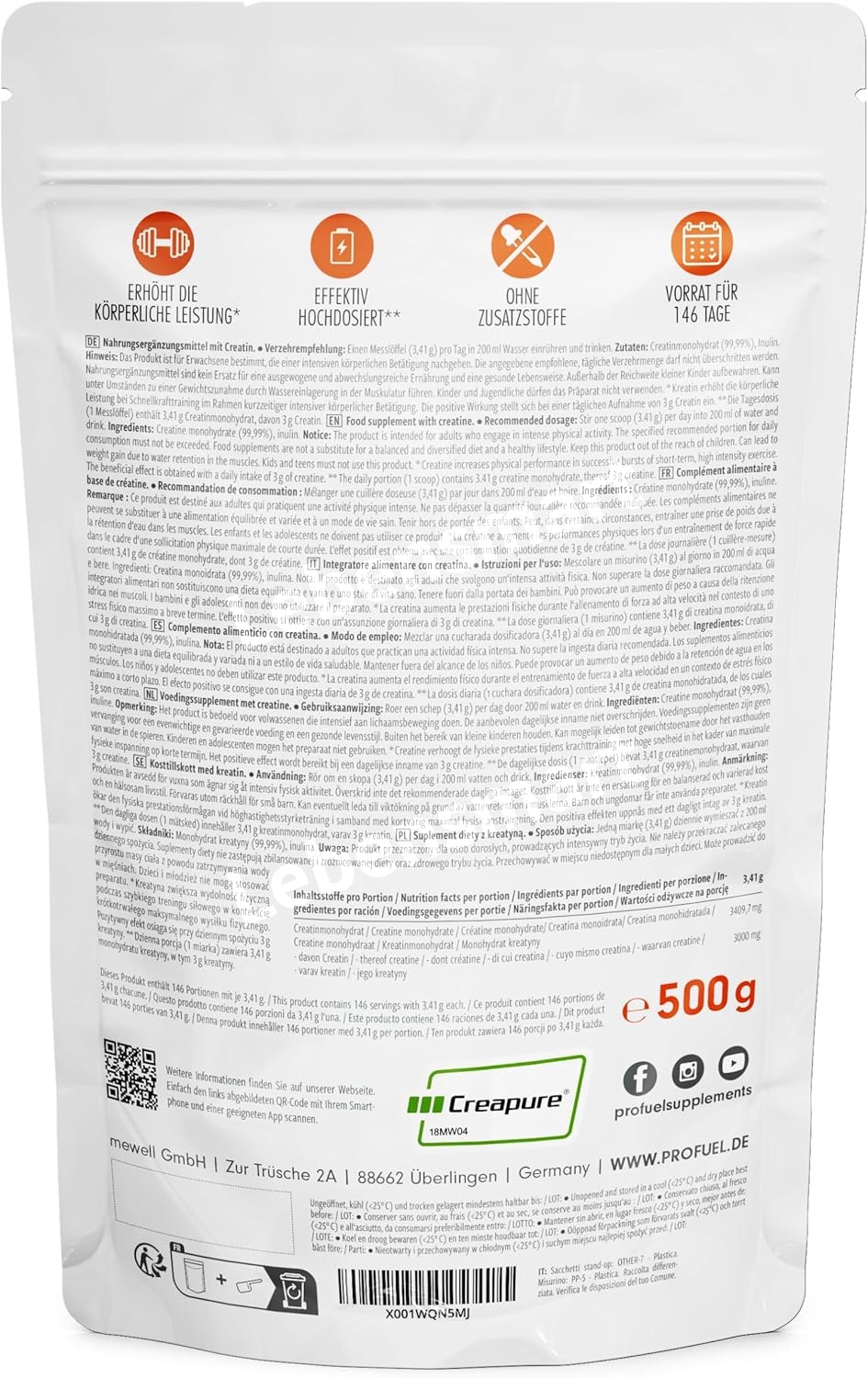 프로퓨엘 크레아퓨어 크레아틴 500g (독일산) 500g 가방 1개 이미지 6