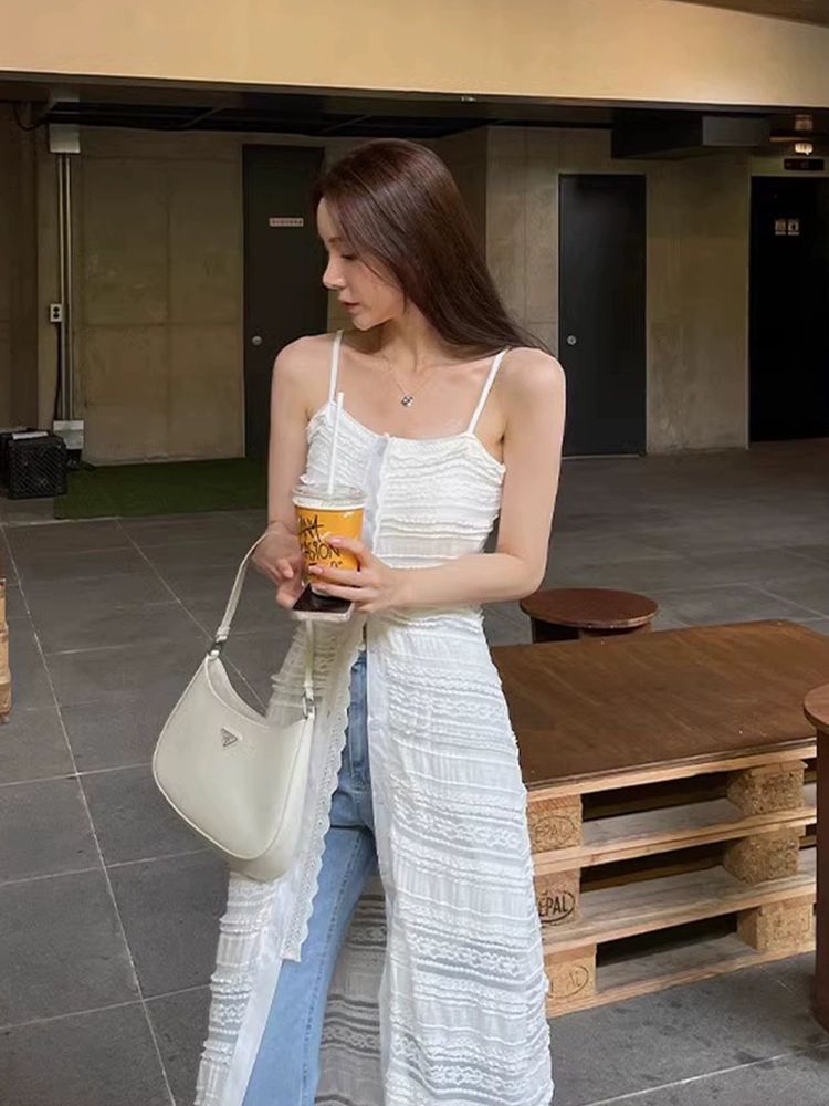 로브 레이어드 롱 뷔스티에원피스 셔링 나시원피스 민소매 뜨개 여름 여성 사진색 S - 상세 이미지 3
